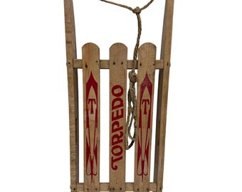 RARE Antique Torpedo Wooden Sled Child Toboggan Original Red Paint Made In Canada Chalet Ski Collectible Memorabilia Vintage and Rare Finds