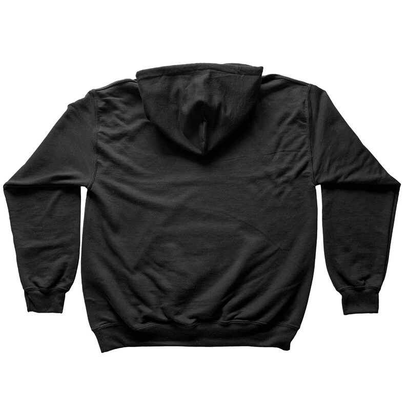 May include: A black hooded sweatshirt with long sleeves and a pouch pocket.