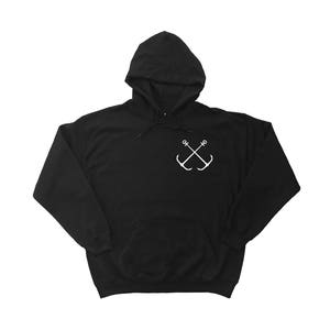 May include: Black hooded sweatshirt with a white anchor design on the front.
