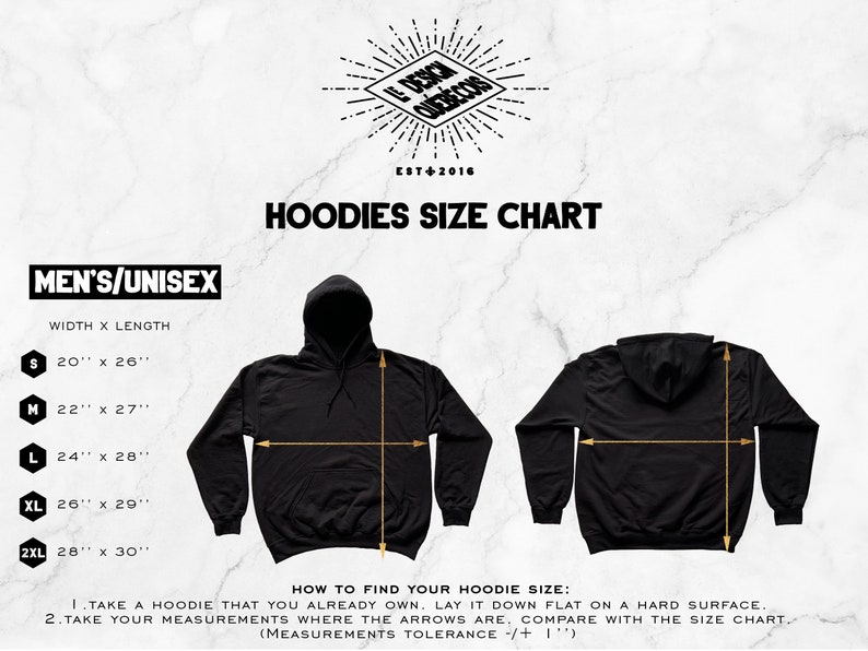 May include: A size chart for unisex hoodies, showing the width and length measurements in inches for sizes S, M, L, XL, and 2XL. The chart includes instructions on how to measure a hoodie to determine the correct size.