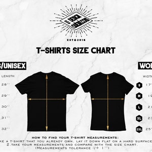 K&ouml;nnte beinhalten: T-Shirt-Gr&ouml;&szlig;entabelle mit Ma&szlig;en in Zoll f&uuml;r Herren/Unisex und Damen. Die Tabelle zeigt die Breite und L&auml;nge jeder Gr&ouml;&szlig;e von S bis 2XL. Die Tabelle enth&auml;lt auch Anweisungen, wie man ein T-Shirt misst.