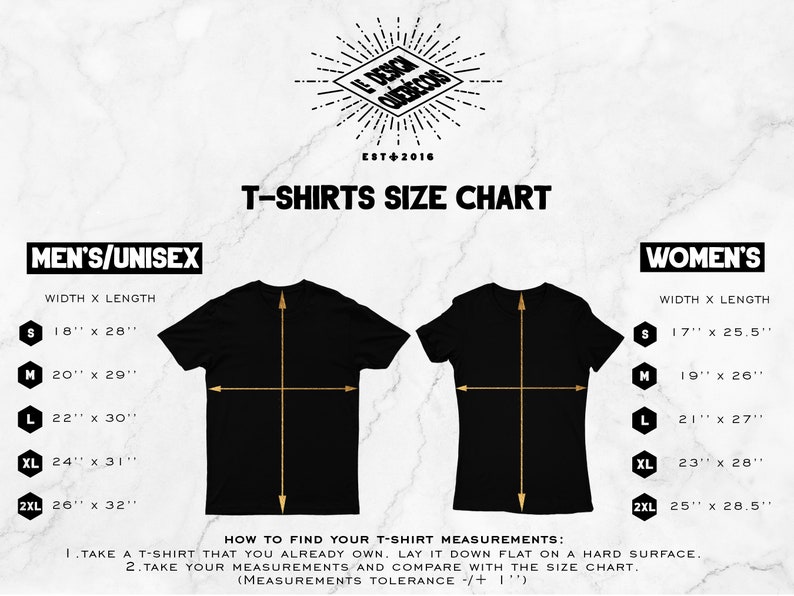 K&ouml;nnte beinhalten: T-Shirt-Gr&ouml;&szlig;entabelle mit Ma&szlig;en in Zoll f&uuml;r Herren/Unisex und Damen. Die Tabelle zeigt die Breite und L&auml;nge jeder Gr&ouml;&szlig;e von S bis 2XL. Die Tabelle enth&auml;lt auch Anweisungen, wie man ein T-Shirt misst.