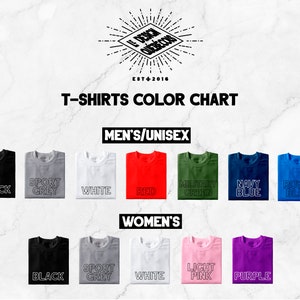 K&ouml;nnte beinhalten: T-Shirt-Farbkarte mit verschiedenen Farben f&uuml;r Herren- und Damen-T-Shirts. Die Farben umfassen Schwarz, Sportgrau, Wei&szlig;, Rot, Milit&auml;rgr&uuml;n, Marineblau, K&ouml;nigsblau, Hellrosa und Lila.