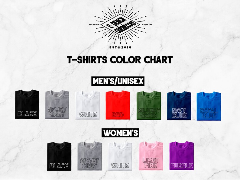 K&ouml;nnte beinhalten: T-Shirt-Farbkarte mit verschiedenen Farben f&uuml;r Herren- und Damen-T-Shirts. Die Farben umfassen Schwarz, Sportgrau, Wei&szlig;, Rot, Milit&auml;rgr&uuml;n, Marineblau, K&ouml;nigsblau, Hellrosa und Lila.