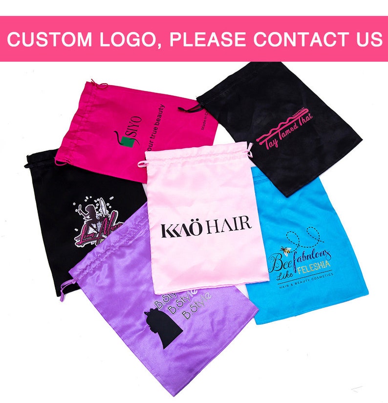 100pcs Drawstring Satin bags for wigs packaging, drawstring Satin Pouches for gift Packaging, Wedding Favor, Custom Satin Bag with Logo image 2