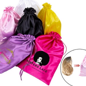 100pcs Drawstring Satin bags for wigs packaging, drawstring Satin Pouches for gift Packaging, Wedding Favor, Custom Satin Bag with Logo image 1