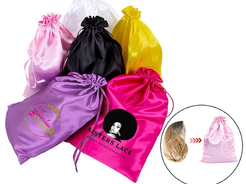 100pcs Drawstring Satin bags for wigs packaging, drawstring Satin Pouches for gift Packaging, Wedding Favor, Custom Satin Bag with Logo image 1
