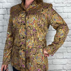 VTG Gold 1980s Blouse ... Shoulder Pads ... Made in USA ... Psychedelic Festival