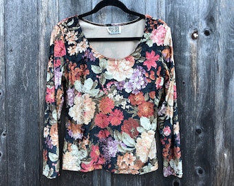 Vintage 1990's Velvet Flower Shirt Long Sleeved Blossom Roses