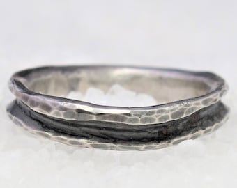 Alternative wedding ring, burnished forged silver ring, black silver hollowed ring, men's thin ring