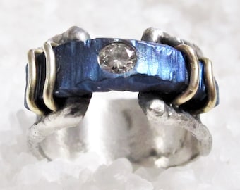 Rustic diamond ring, forged titanium, oxidized hammered silver