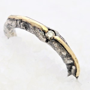 Golden diamond solitaire ring, organic black silver, gold insert engagement ring, alternative rustic wedding ring