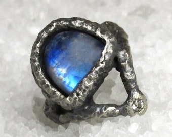 Raw moonstone and diamond ring, aged oxidized silver, Viking wedding