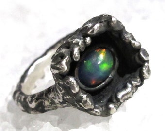 Rustic opal ring, organic fluid silver, black esoteric ring