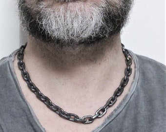 Extremely heavy massive chain, rustic brutalist silver men's necklace, link and chain necklace, hammered black oxidized silver