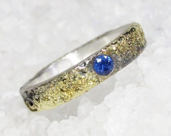 Rustic Viking wedding ring 4mm wide, 2.5mm sapphire, cast gold, black silver, organic wedding band, alternative wedding ring