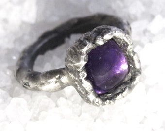 Amethyst Ring rustic organic silver fluid, medieval Viking ring