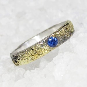 Rustic Viking wedding ring 4mm wide, 2.5mm sapphire, cast gold, black silver, organic wedding band, alternative wedding ring