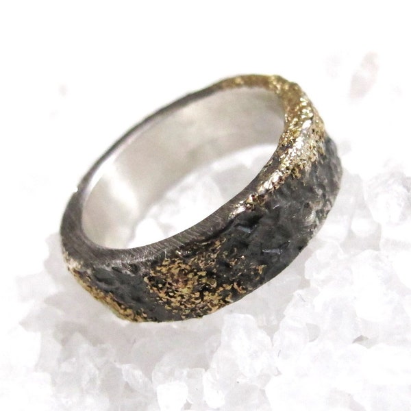6mm width ring, rustic Viking wedding, molten gold powder, black silver, organic wedding ring, alternative wedding ring