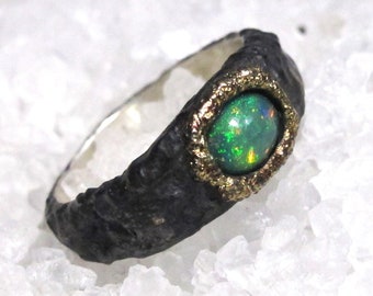 Organic chaos ring, Ethiopian opal, rustic silver, oxidized molten gold, esoteric ring