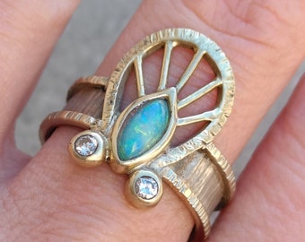 Art Deco style ring Australian opal diamonds gold and silver