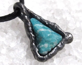 Amazonite and diamond pendant, burnished silver, rustic Viking pendant