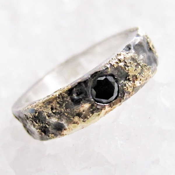 Bague rustique de mariage viking, diamant noir de 3,5 mm, largeur de 5 mm, or moulé, alliance biologique, alliance alternative