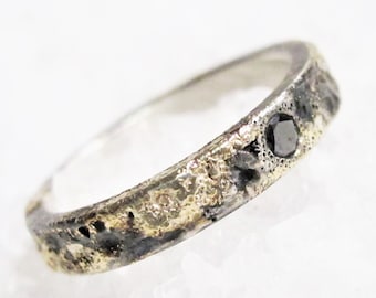 Viking Wedding Rustic Ring, Black Diamond, 4mm Width, Cast Gold, Black Silver, Organic Wedding Ring, Alternate Wedding Ring