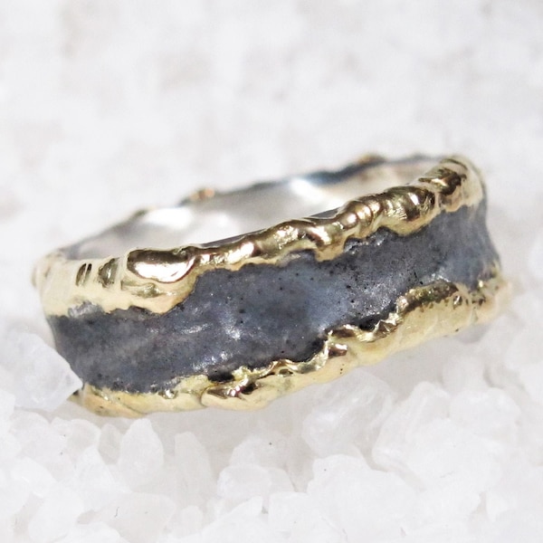 Rustic Silver Cast Gold Wedding Ring, Alternative Viking Man, Cast Edges Band Ring, Organic Raw Ring, Aged Silver