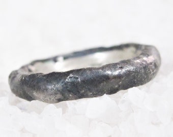 Rustic Viking ring, raw organic cast silver, hammered oxidized silver.