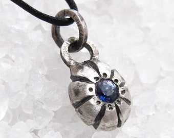 rustic sapphire pendant, oxidized silver, round blue sapphire pendant