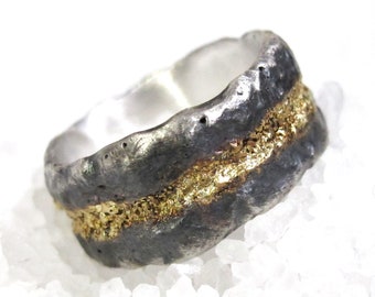 Viking wedding ring, rustic oxidized silver, gold groove band ring, alternative wedding wide band ring