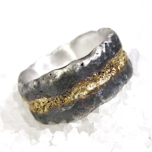 Organic rustic silver cast solid gold ring, Viking wedding, gold groove band ring, alternative wedding wide band ring