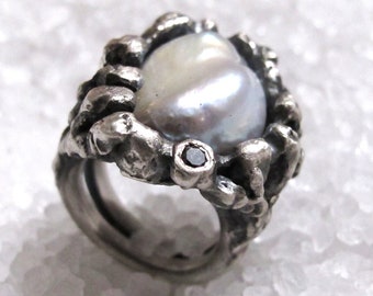 Large rustic raw river pearl ring, black diamond, oxidized silver sculpture ring, precious gemstone ring