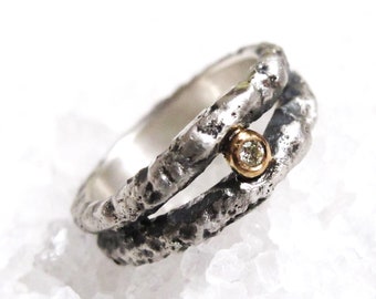 Brutalist gold silver aged diamond ring