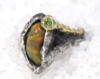 Organic chaos ring, Ethiopian opal, rustic silver, oxidized molten gold, esoteric ring