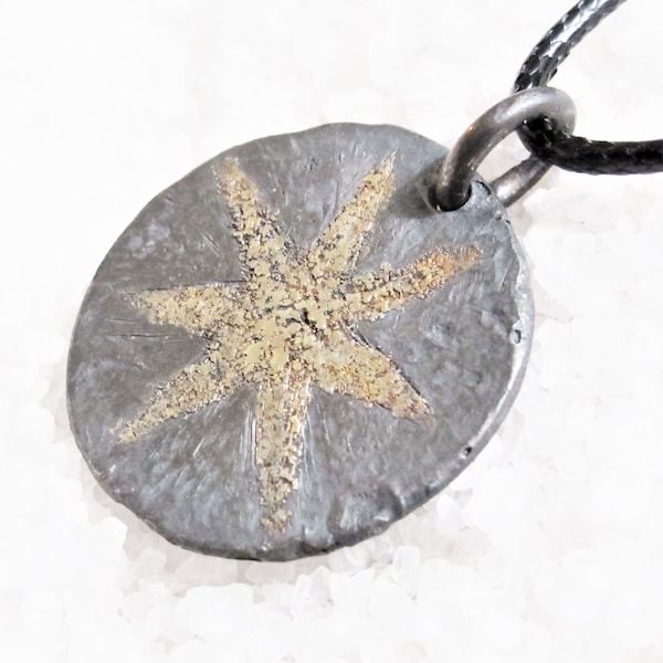 Viking pendant star powder gold 18kt, chaos brutalist, oxidized silver forged by hand