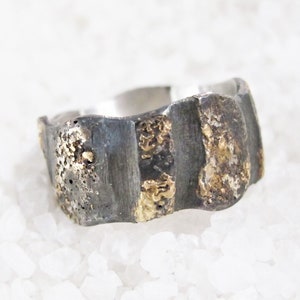 Viking wedding rustic chaos ring, width 12 mm, molten gold, black silver band ring, alternative wedding ring, organic ring