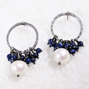 Boho rustic silver lapis lazuli pearl earrings, new baroque cascade earrings, chandelier earrings