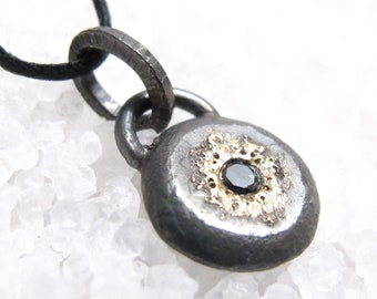 Brutalist black diamond pendant chaos gold dust, oxidized silver.