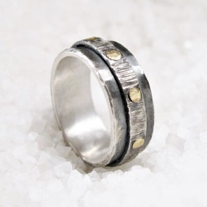 Men&#39;s silver band ring with gold nails, wide brutalist style ring