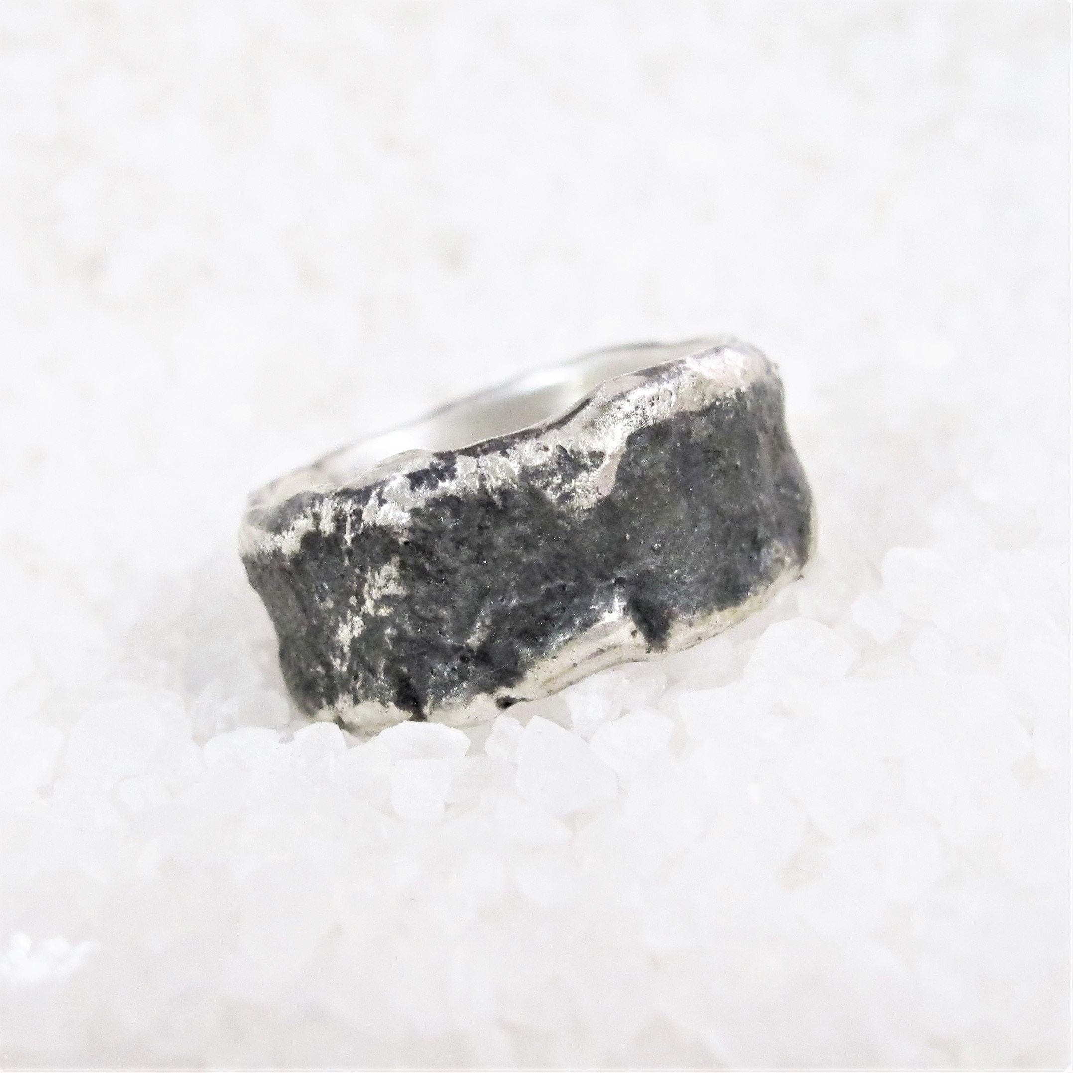 Raw melted ring, rustic viking alternative wedding, oxidized silver