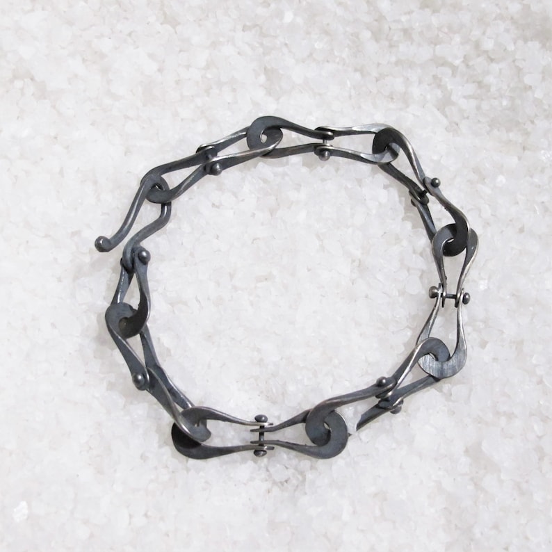 Men's bracelet with brutalist chain in black silver, rustic infinity bracelet, burnished hammered silver links image 4
