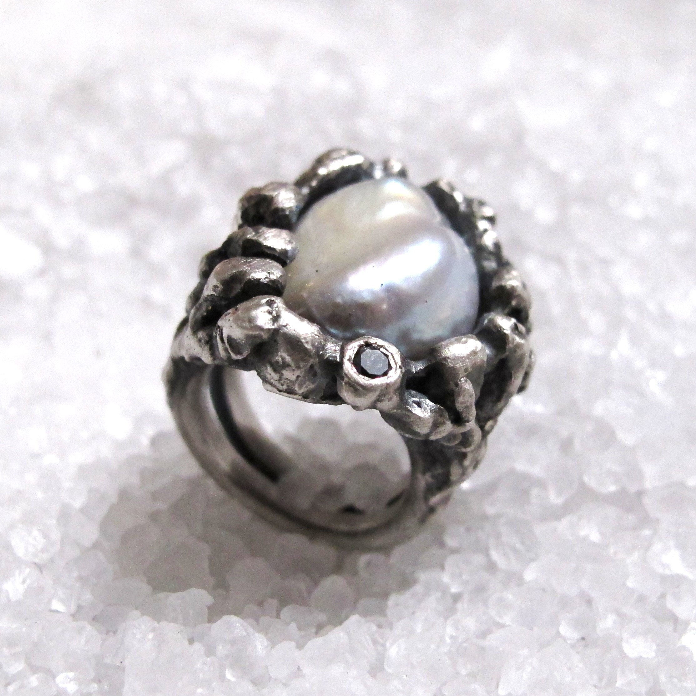 Large rustic raw river pearl ring, black diamond, oxidized silver sculpture ring, precious gemstone ring