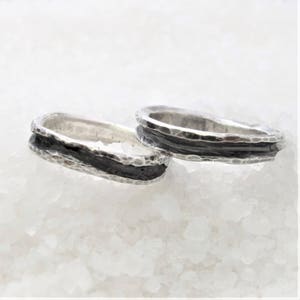 Pair of wedding rings silver rustic wedding, set two carved silver rings, parure rings future newlyweds, thin ring minimal raw