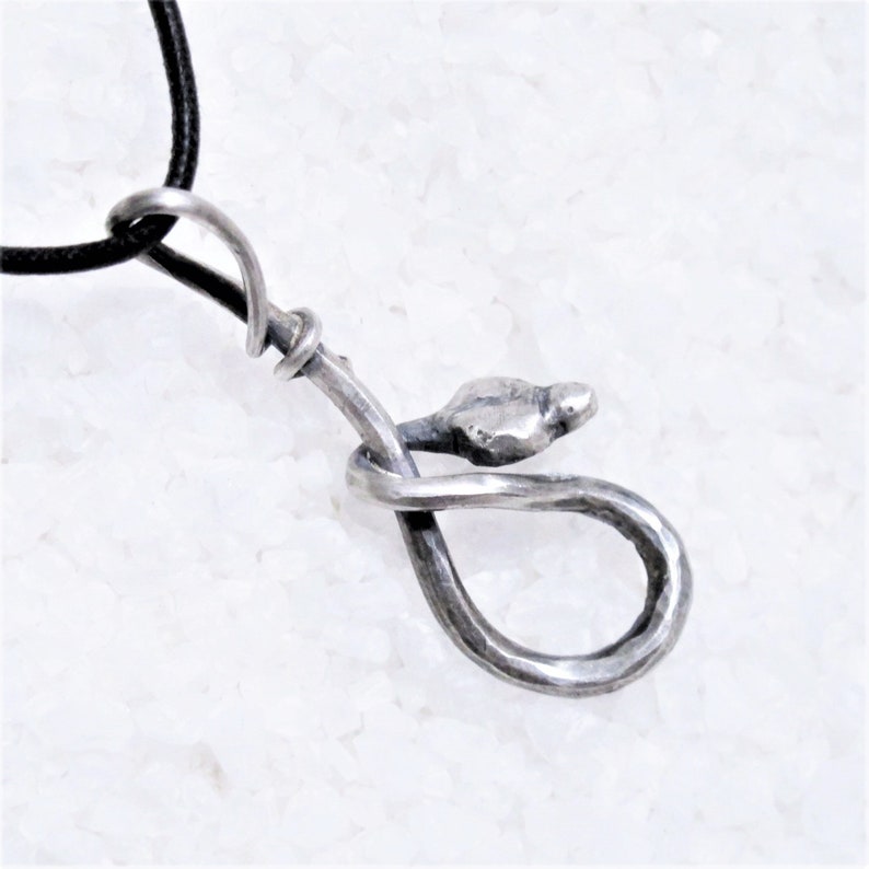 K&ouml;nnte beinhalten: Eine silberne Schlangen-Anh&auml;nger-Kette mit einem schwarzen Band. Die Schlange ist zu einer Schleife zusammengerollt, mit dem Kopf nach oben.