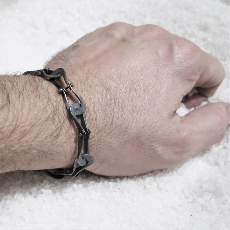 Men's bracelet with brutalist chain in black silver, rustic infinity bracelet, burnished hammered silver links image 7
