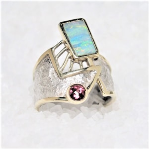 Rustic opal garnet gold silver ring, reticulated silver and gold band ring, Egyptian ring, precious gems ring