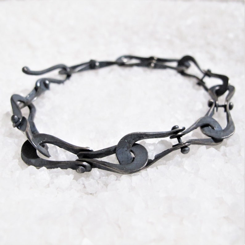 Men's bracelet with brutalist chain in black silver, rustic infinity bracelet, burnished hammered silver links image 2