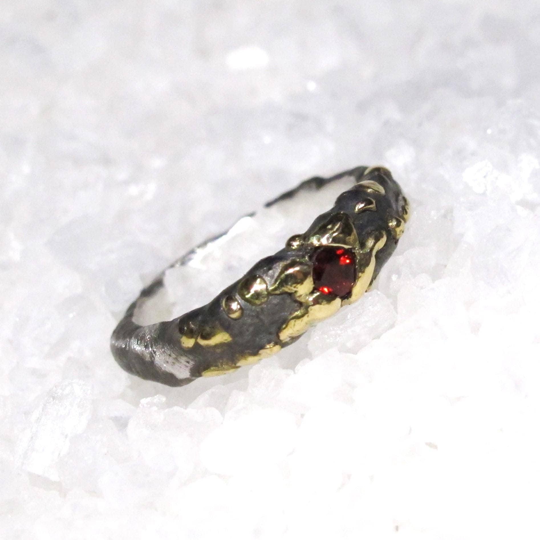 Viking Chaos Ring, Organic Gold Fused Red Garnet, Alternative Rustic Wedding, Hand Hammered Silver